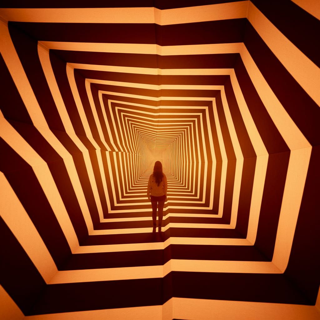 Surreal Infinite Tunnel with Woman in Warm Light