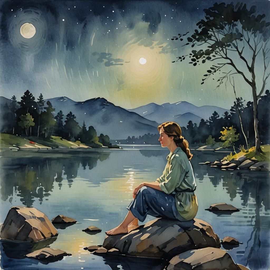 Impressionist Gouache: Woman by Moonlit Lake