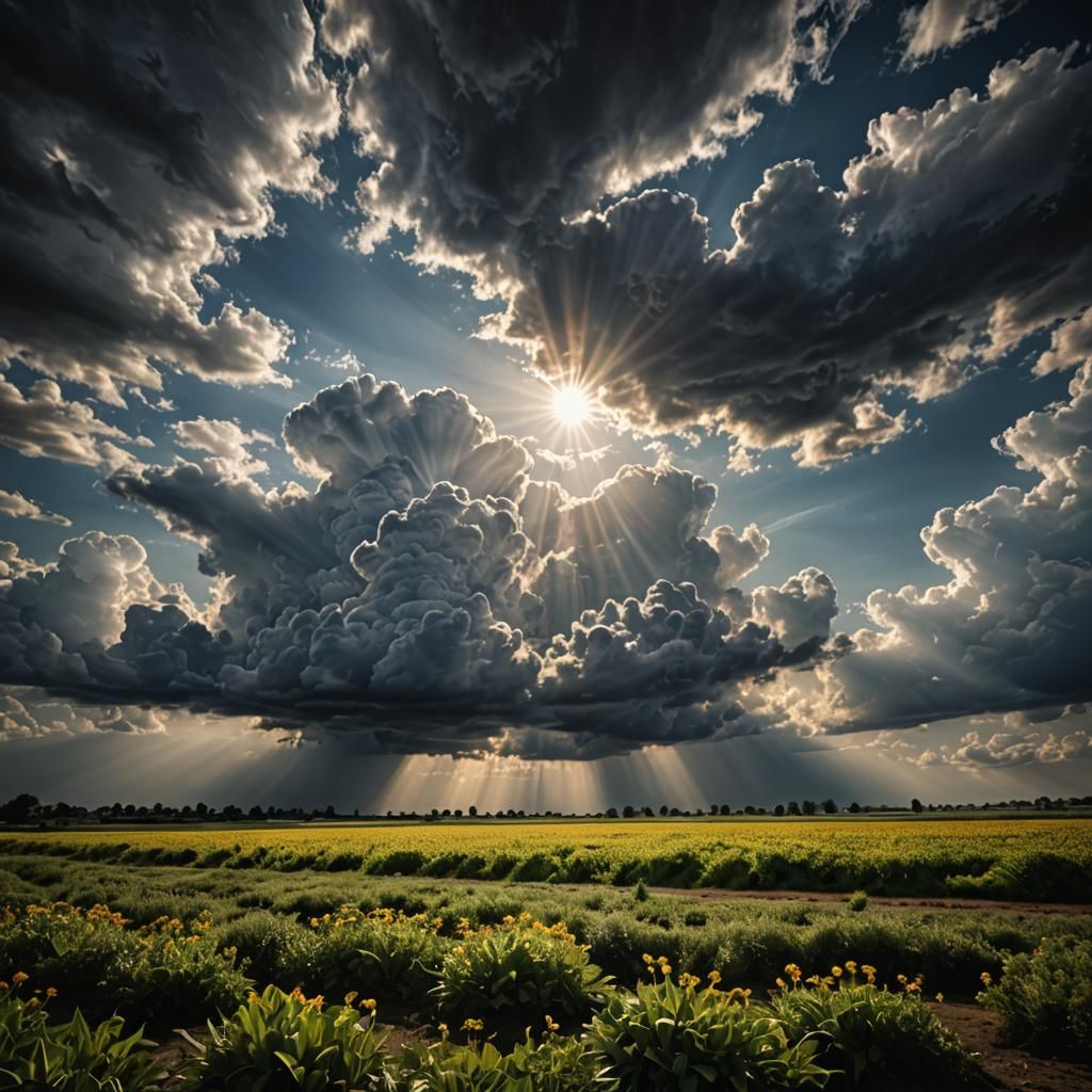 Sunshine Through Clouds: Hyperrealistic Atmospheric View