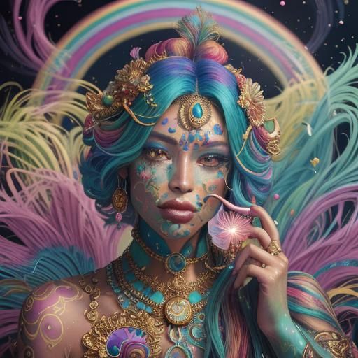 Candy Art Woman with Dragon Serpent and Peacock Feathers