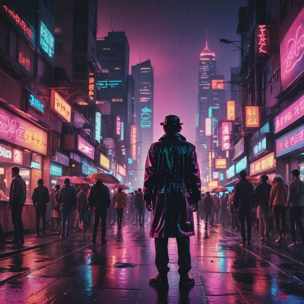Synthwave Neon Cityscape with Lone Figure
