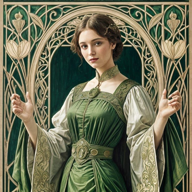 Art Nouveau Portrait With Flowing Verdant Fabric