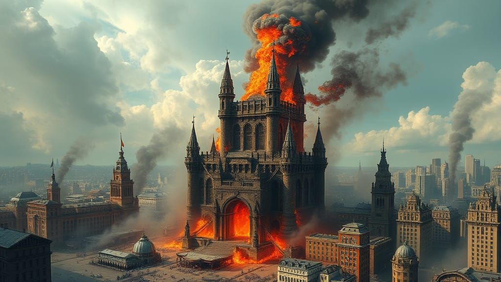 Apocalyptic Cityscape Inferno in Hellish Autumn