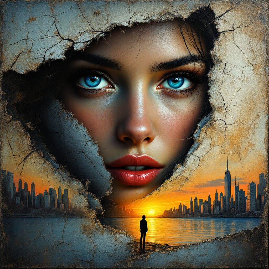 Surreal Portrait Blends with Weathered Cityscape Painting