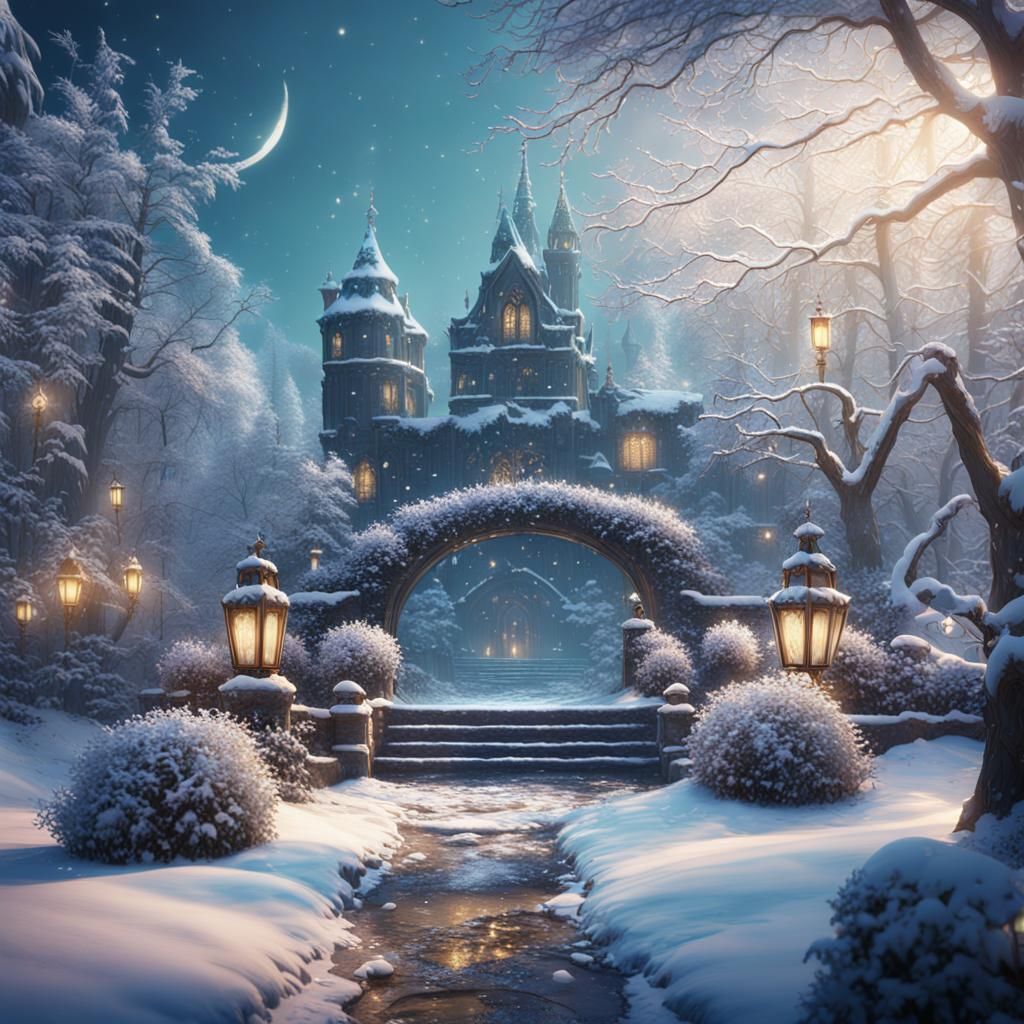 Fantastical Snowy Garden in Detailed Matte Painting