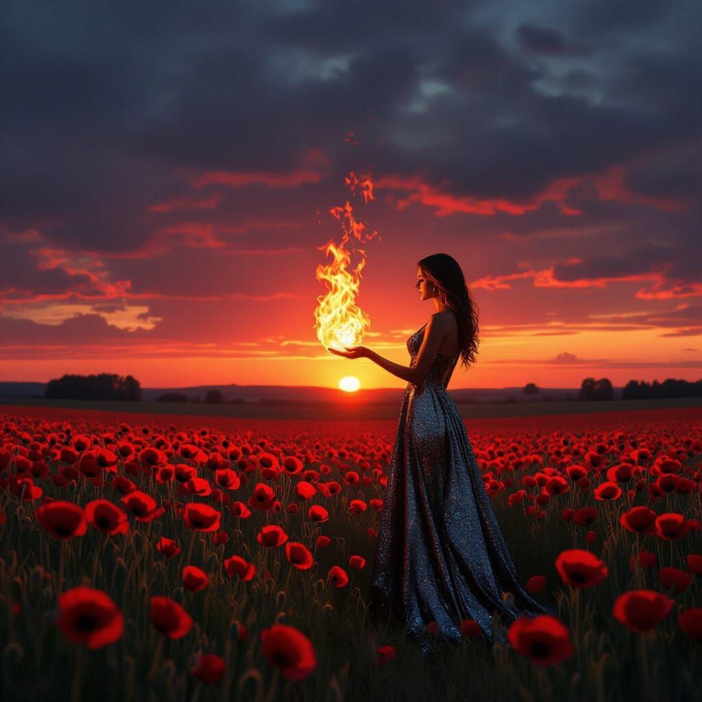 Woman with Fire in Poppy Field at Sunset