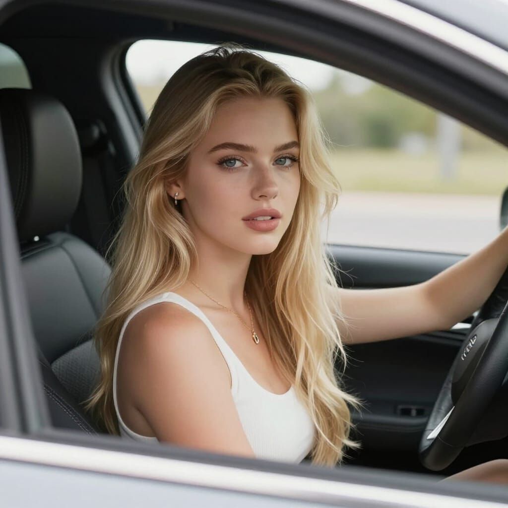 Beautiful Blonde Girl Poses in a Car