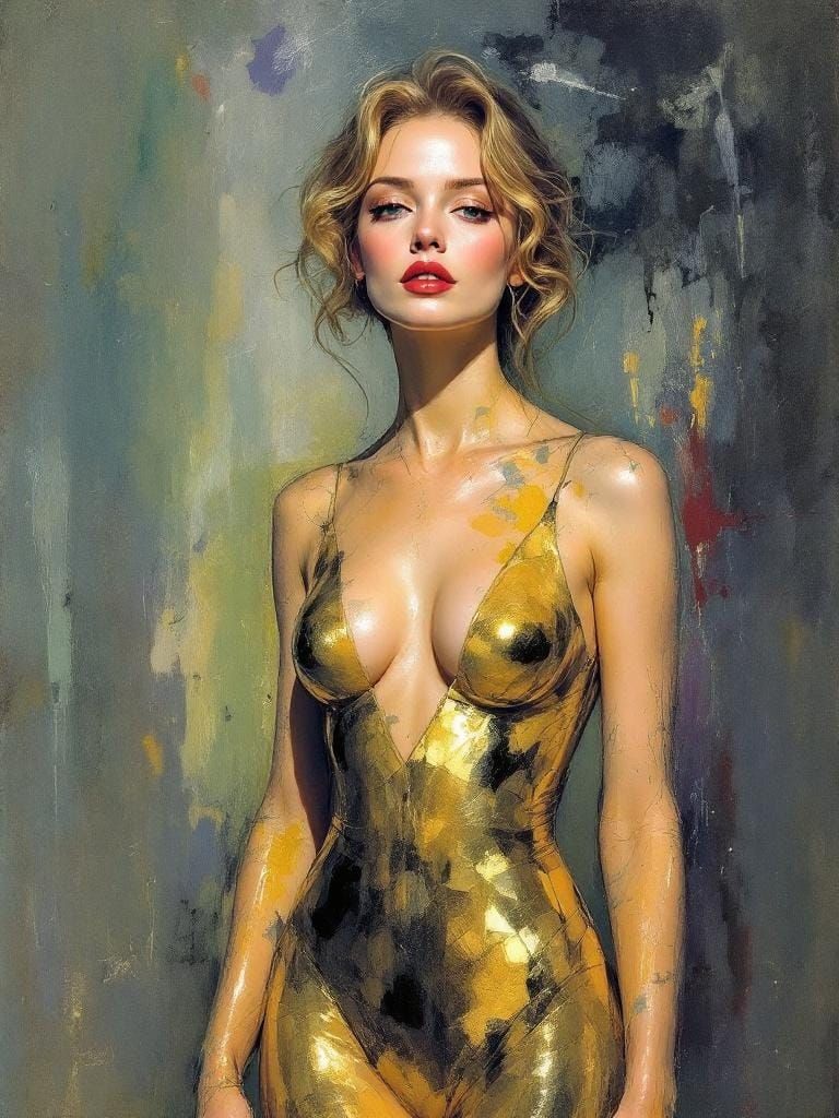 Elegant Woman in Gold Catsuit: Watercolor Portrait
