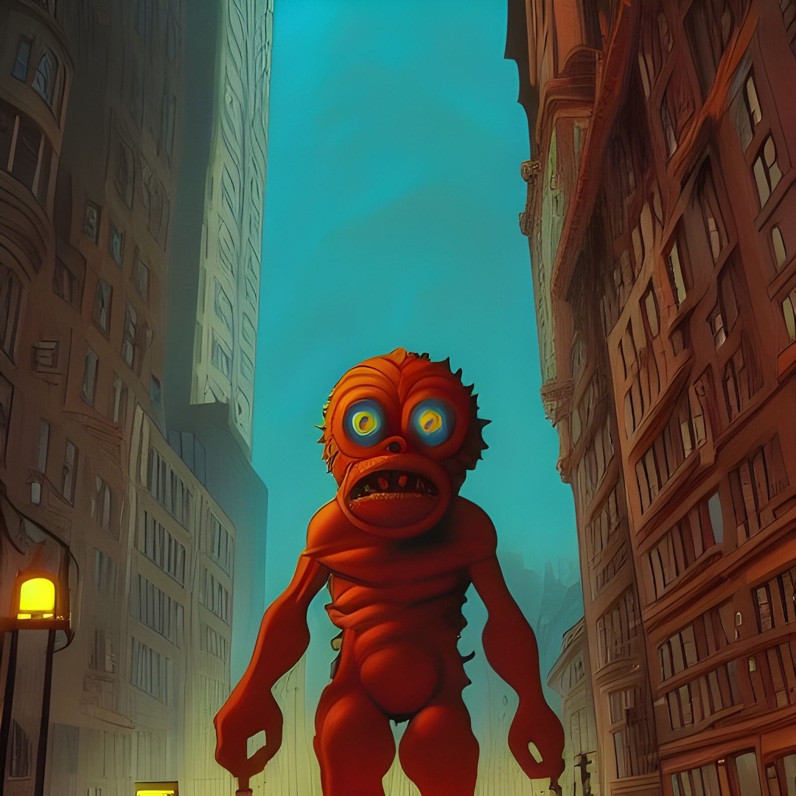 Cyclops Monster in City Landscape, Digital Illustration
