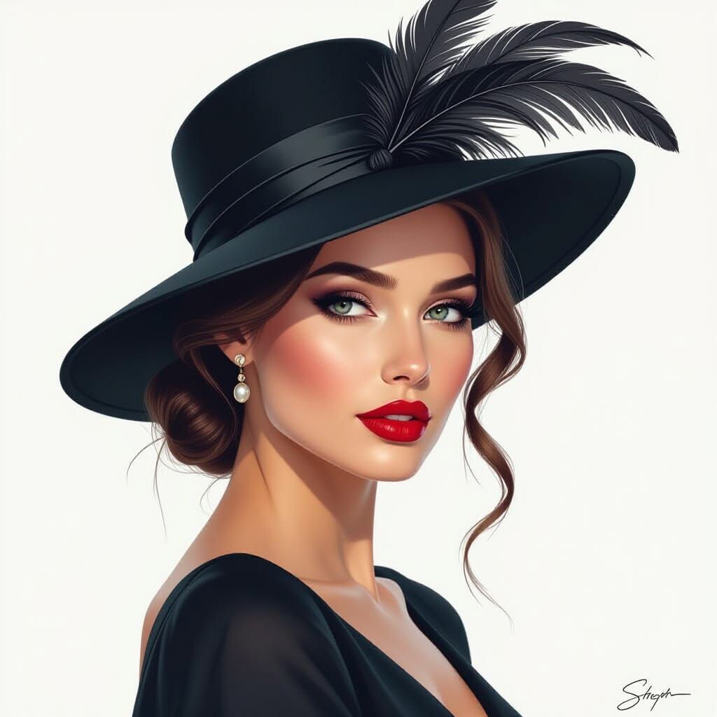 A beautiful woman wearing an elegant hat with feathers, in the style of Ashley Wood and Raymond Swanland, digital art pa...