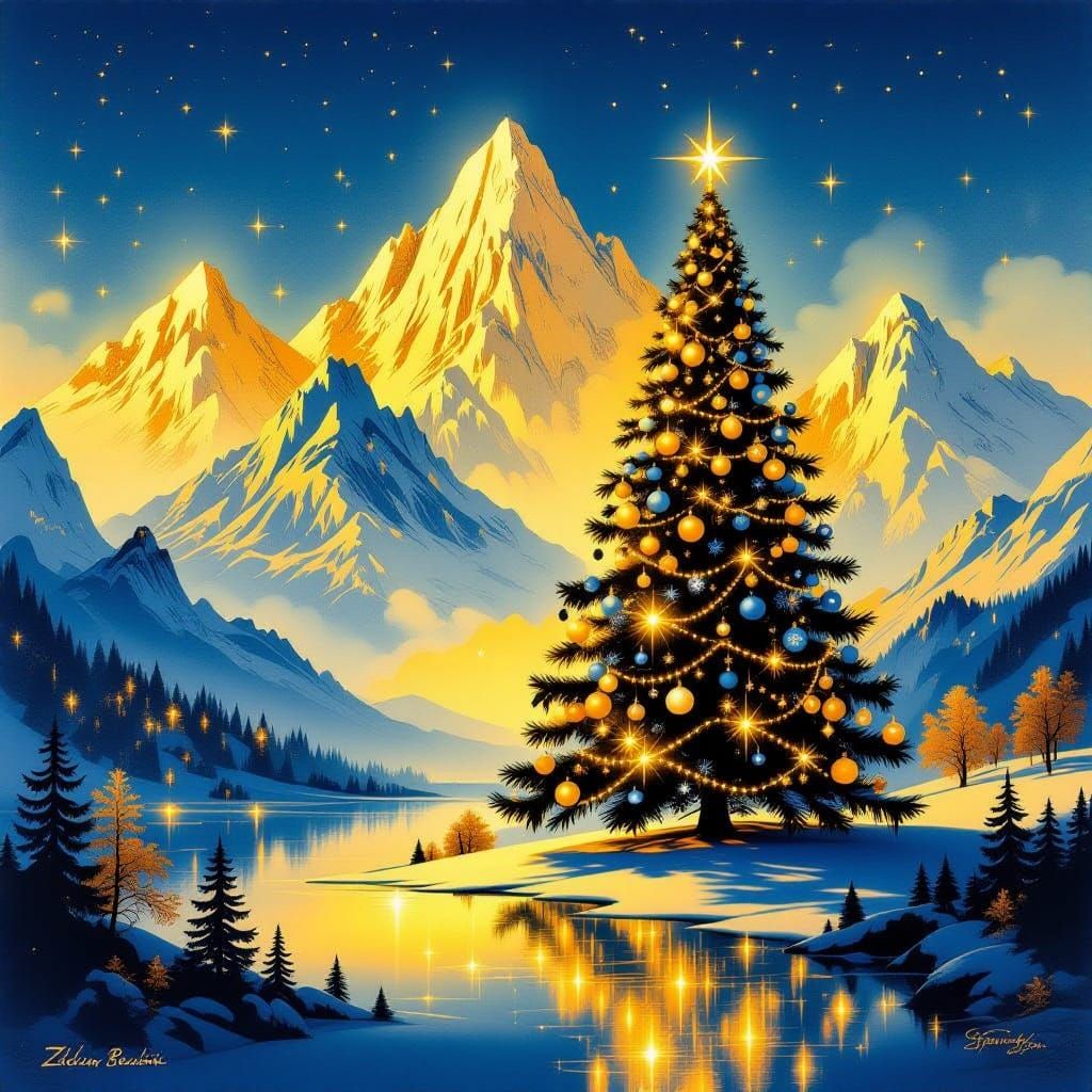 Surreal Golden Mountain Landscape With Giant Christmas Tree