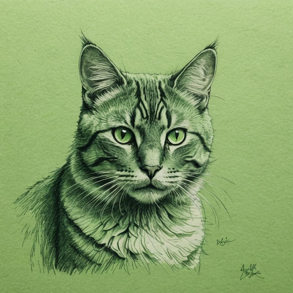 Green Pencil Sketch Portrait of a Cat