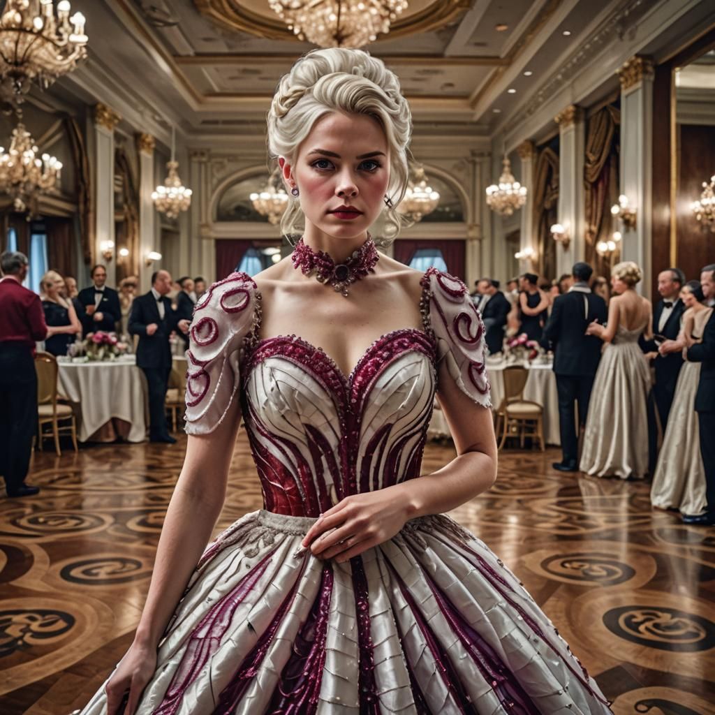 Woman in Onion Gown in Ballroom, Hyperrealistic Image