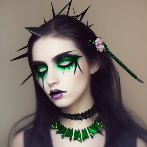 Ethereal gothic young lady with long black hair& green eyes& smoky black eyeshadow very nicely neatly done& Black eyelin...