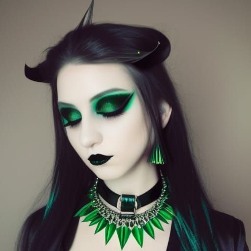 Ethereal gothic young lady with long black hair& green eyes& smoky black eyeshadow very nicely neatly done& Black eyelin...