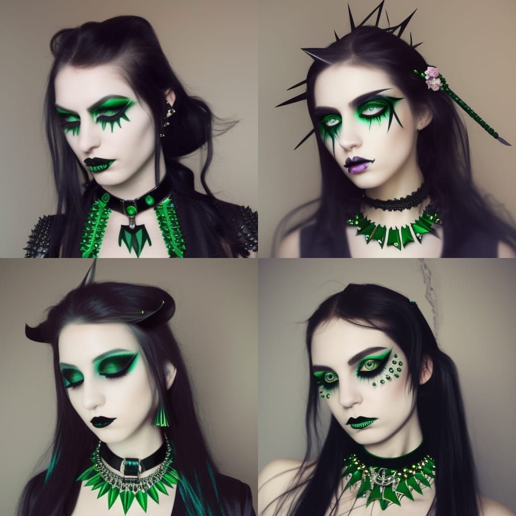 Ethereal gothic young lady with long black hair& green eyes& smoky black eyeshadow very nicely neatly done& Black eyelin...