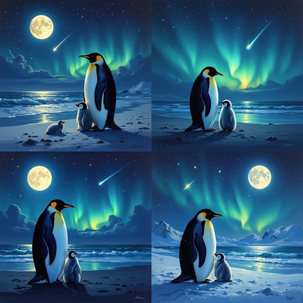 Emperor Penguin Family Under Full Moon and Aurora Borealis