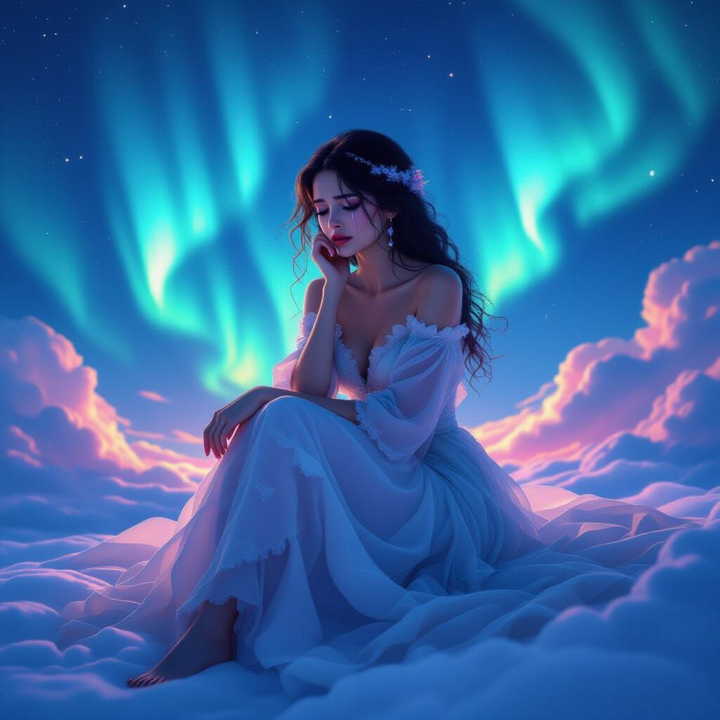 Cosmic Woman in Aurora Borealis Clouds, Digital Art