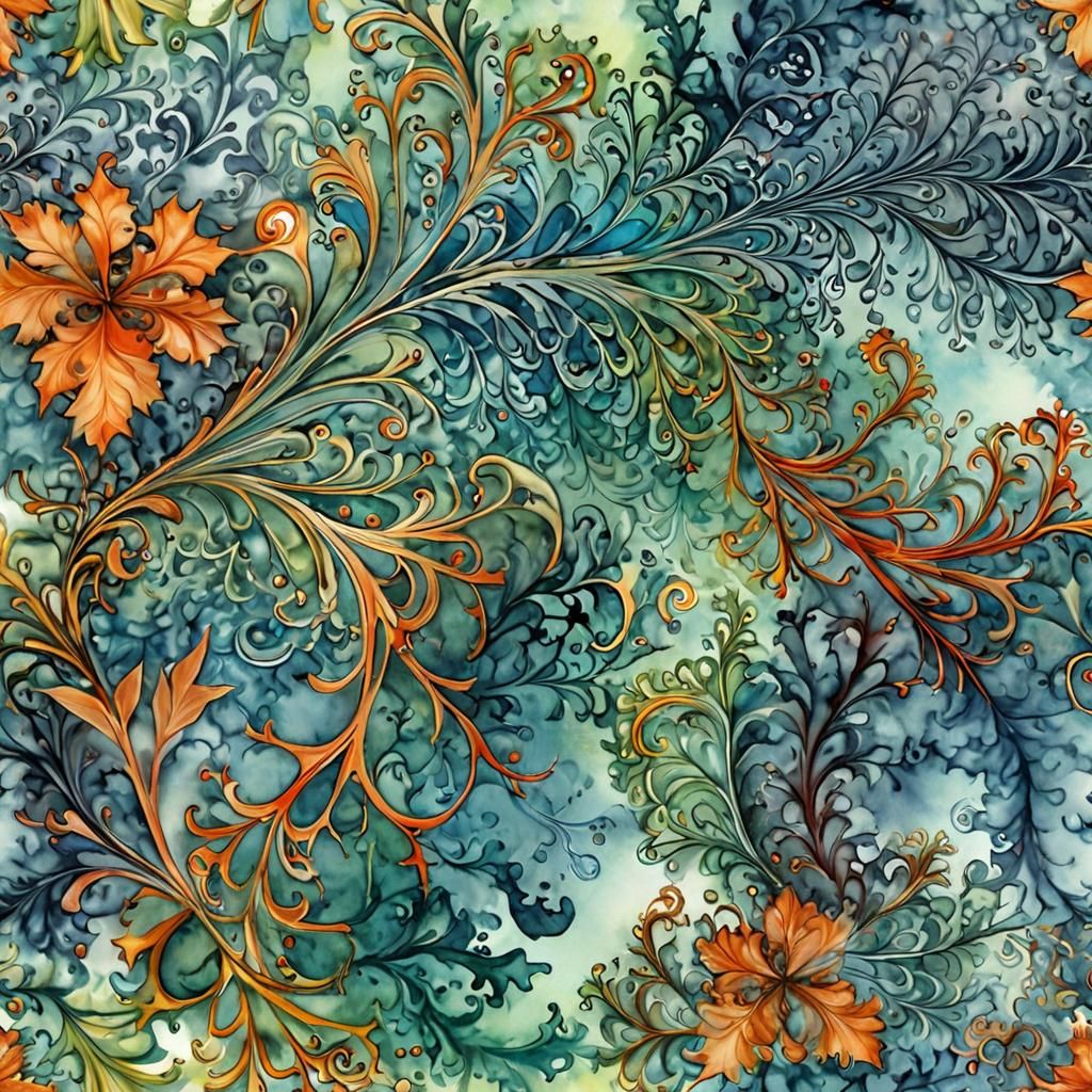 Botanical Filigree Fractal in Watercolor Ink