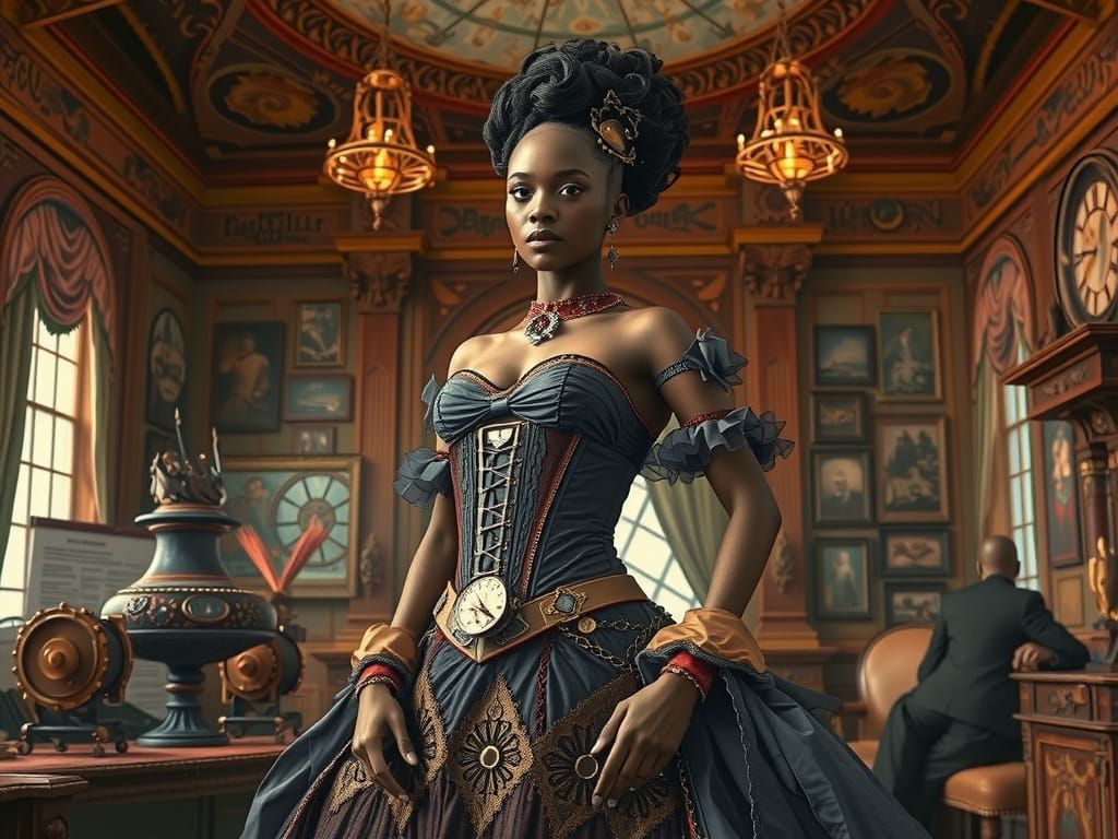 Steampunk Debutante in Victorian Cityscape