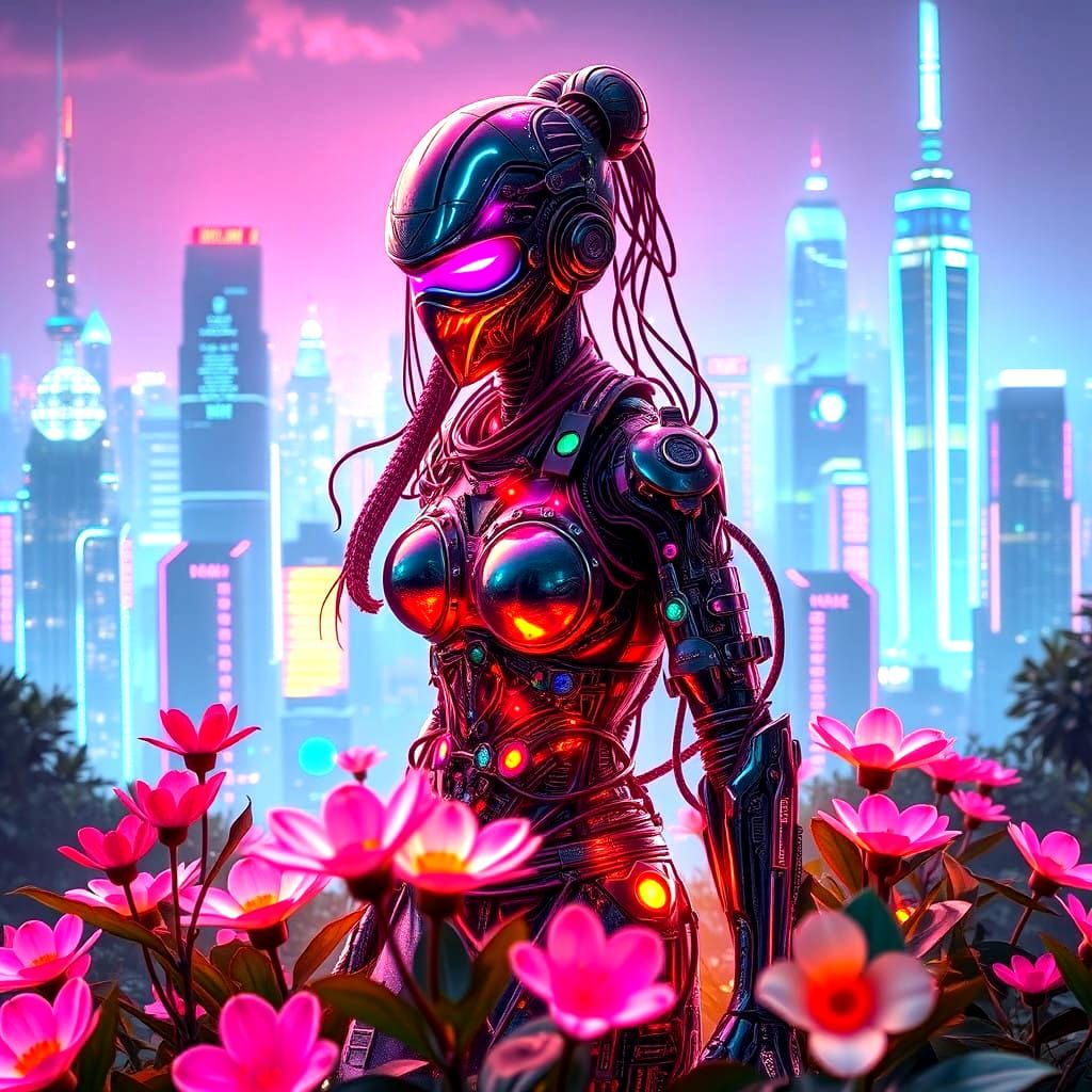Glowing Cyberpunk Ninja Blooms in Neon Lush Paradise