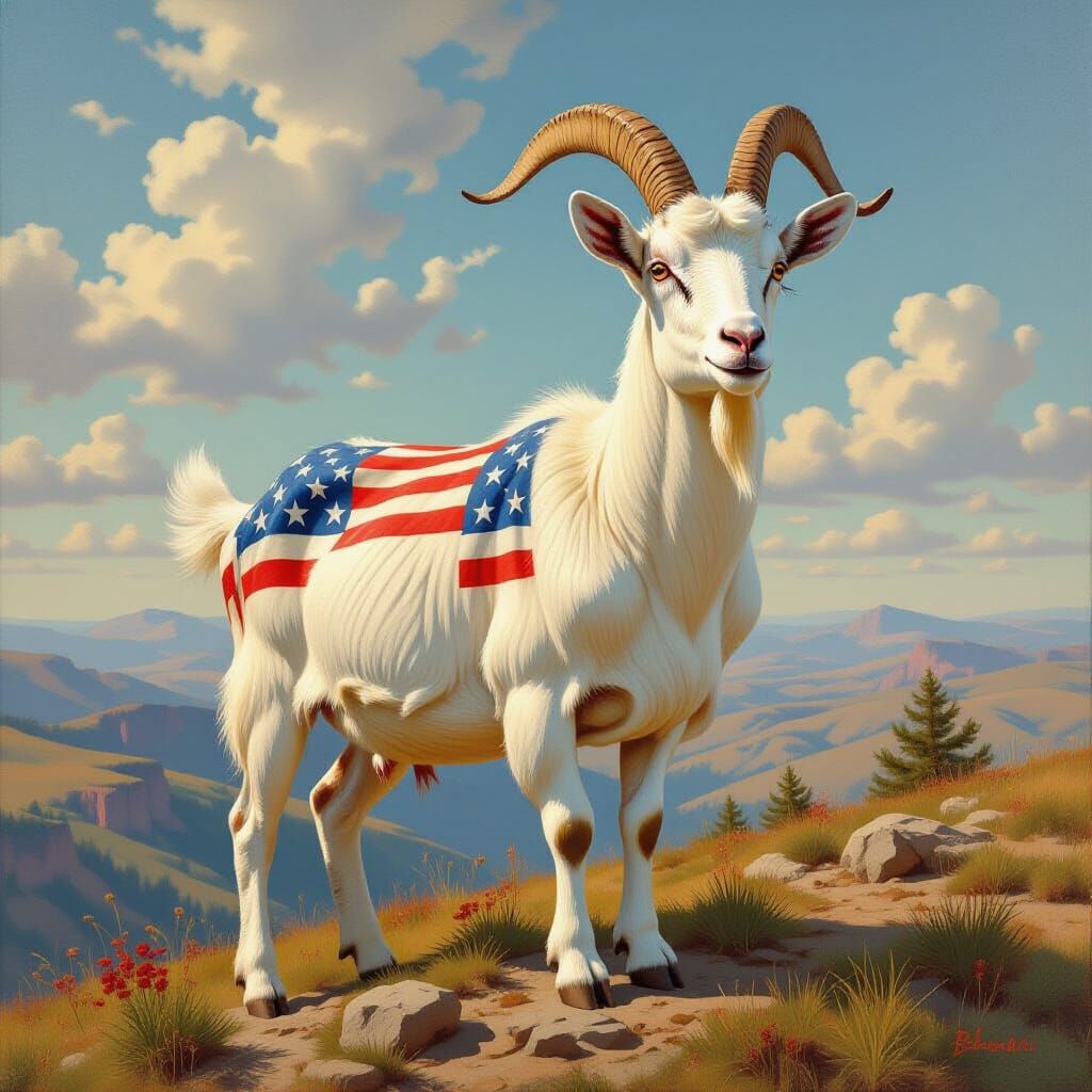 Majestic Goat with American Flag Motif on Scenic Overlook