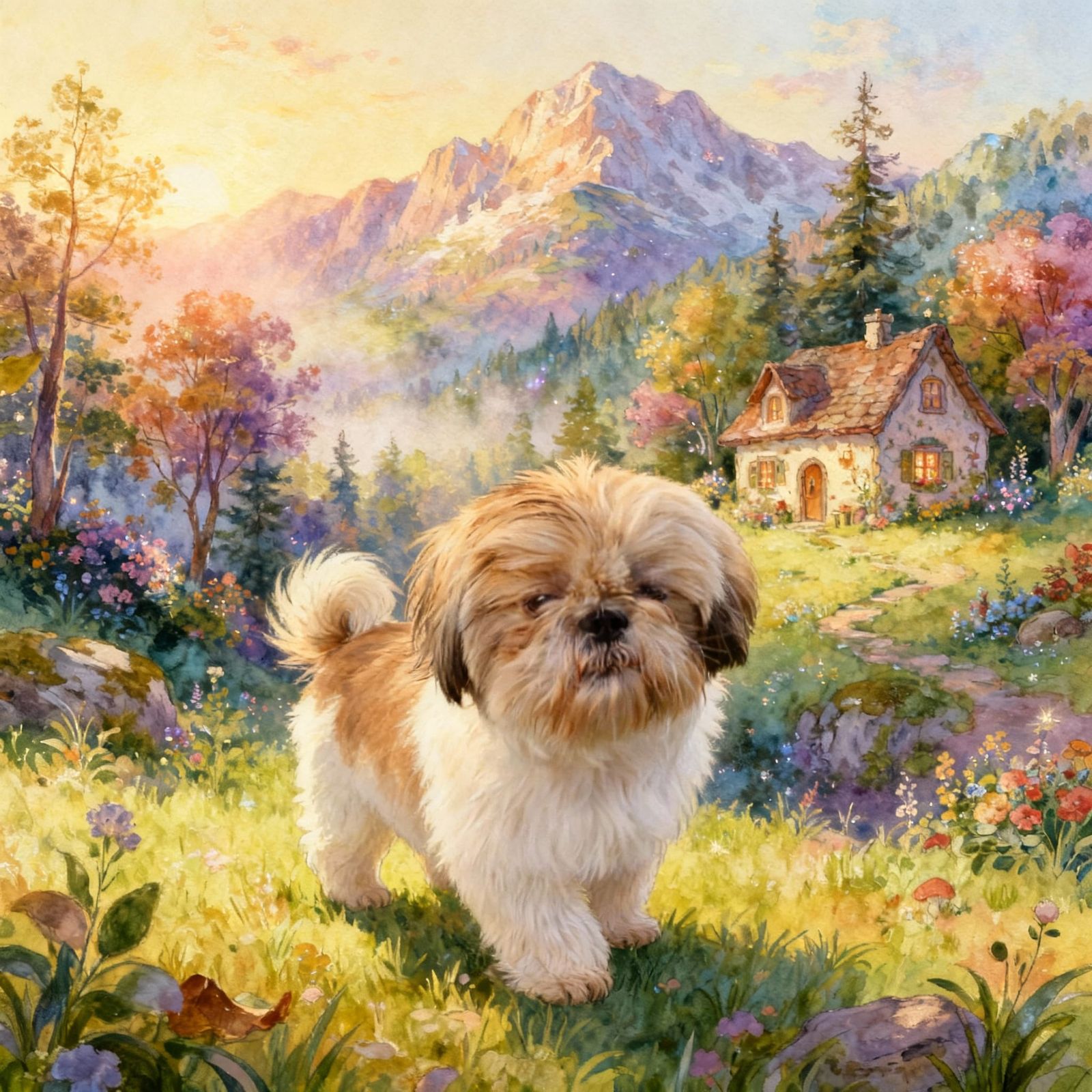 Enchanting Mountain Cottage Scene with Puppy