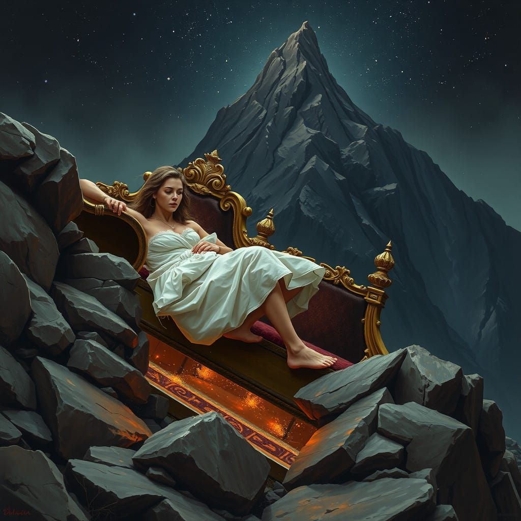 Dreamlike Mountain Ascent in Haunting, Surreal Beauty