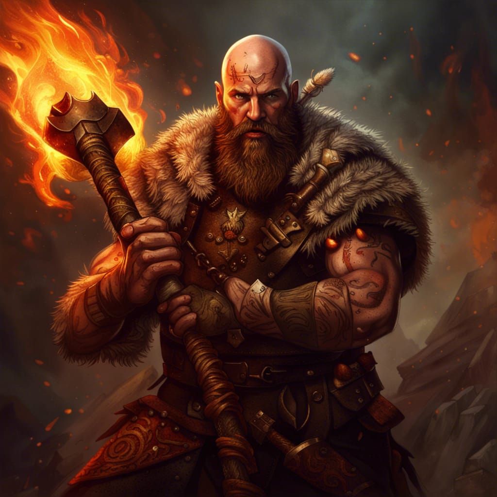 Barbarian Mercenary with Flaming Axe, Detailed Fantasy Art