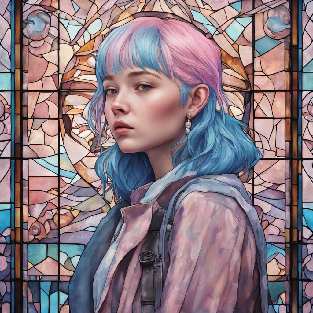 Pastel Girl Attached to Stained Glass Wall