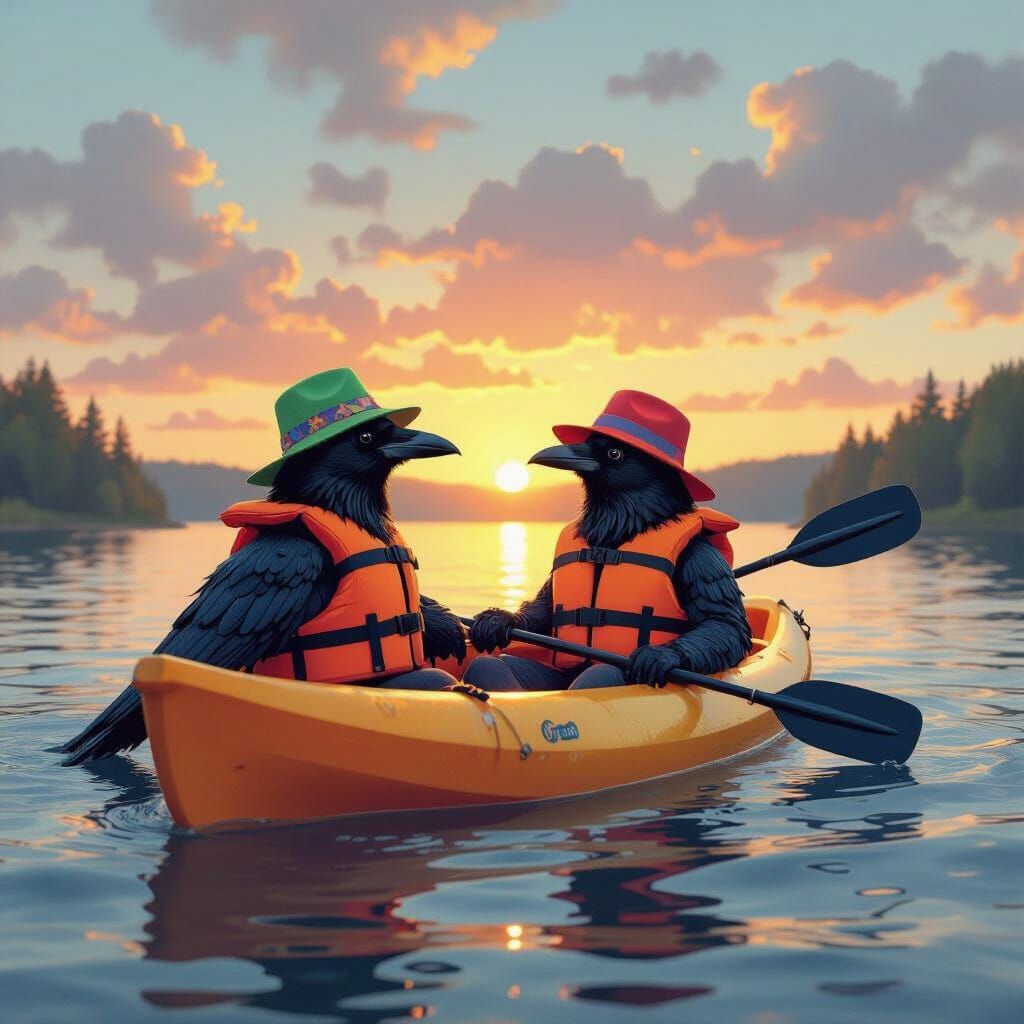 Crows Kayaking at Sunset in Whimsical Style