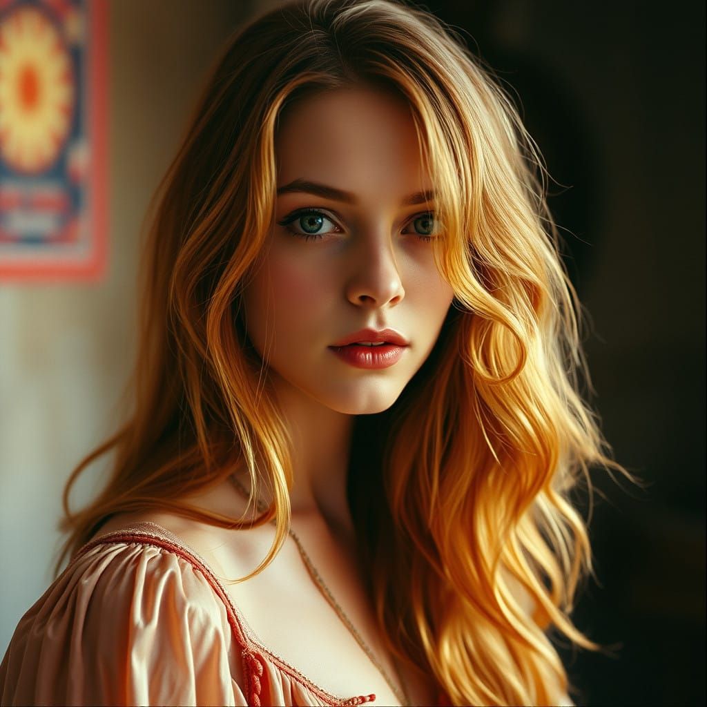 Ethereal Hippie Goddess in Cinematic 1970s Vibe