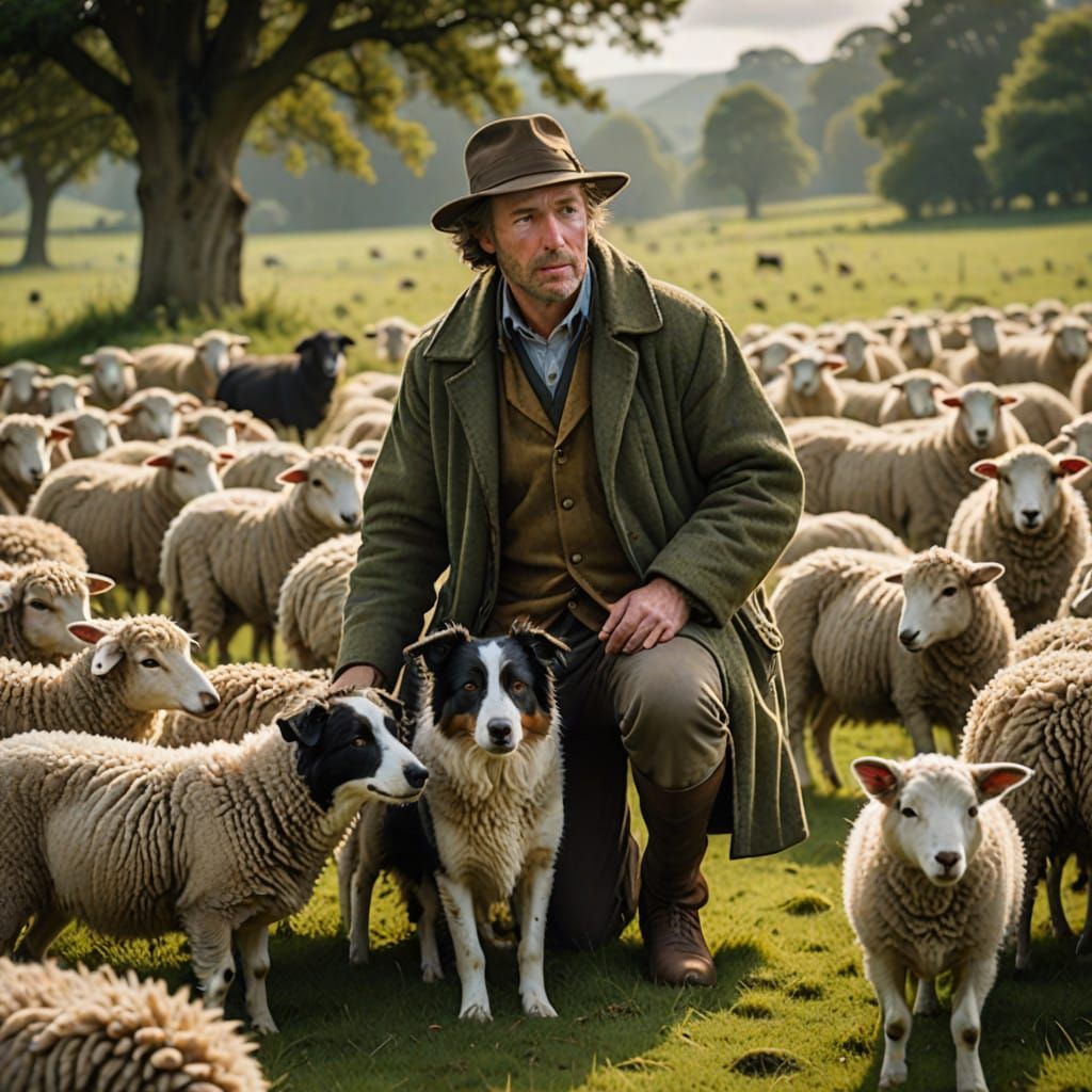 Rugged Outdoorsman and Border Collie in Lush Green Meadow
