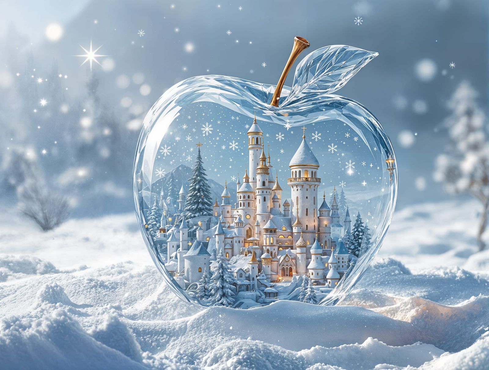 Frozen Apple Cityscape in Ethereal Winter Wonderland
