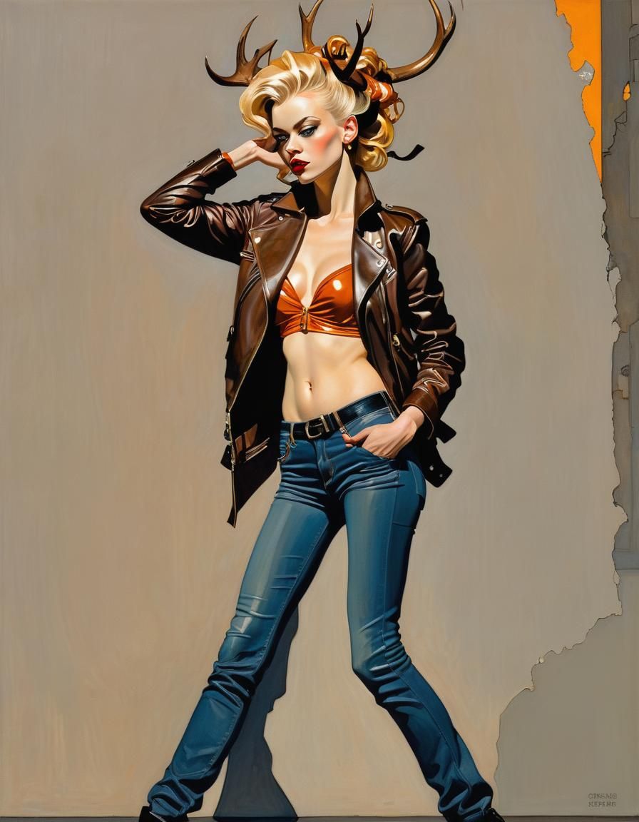 Defiant Woman with Antlers in Leyendecker Style