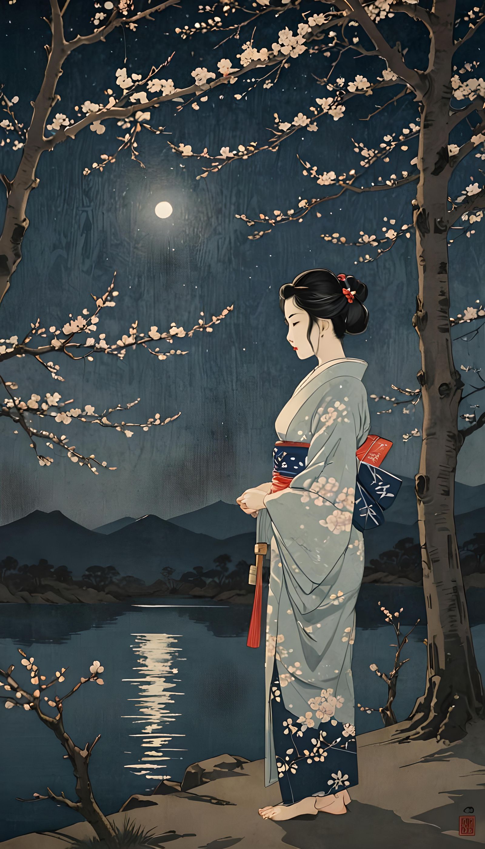 Ukiyo-e Night Landscape with Girl