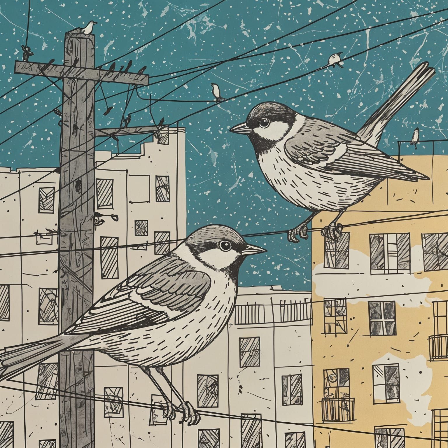Birds on Wires: Urban Sketch Collage