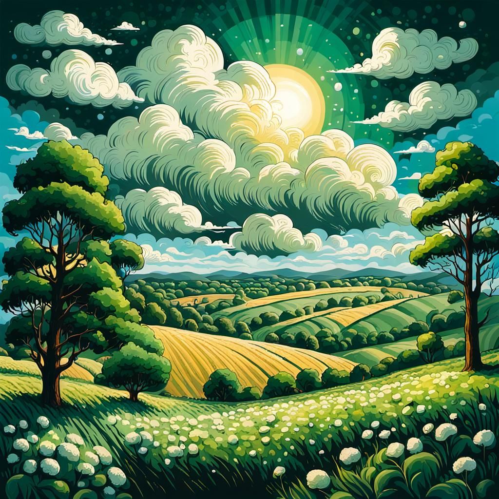 Green Farm Landscape with Pointillistic Clouds