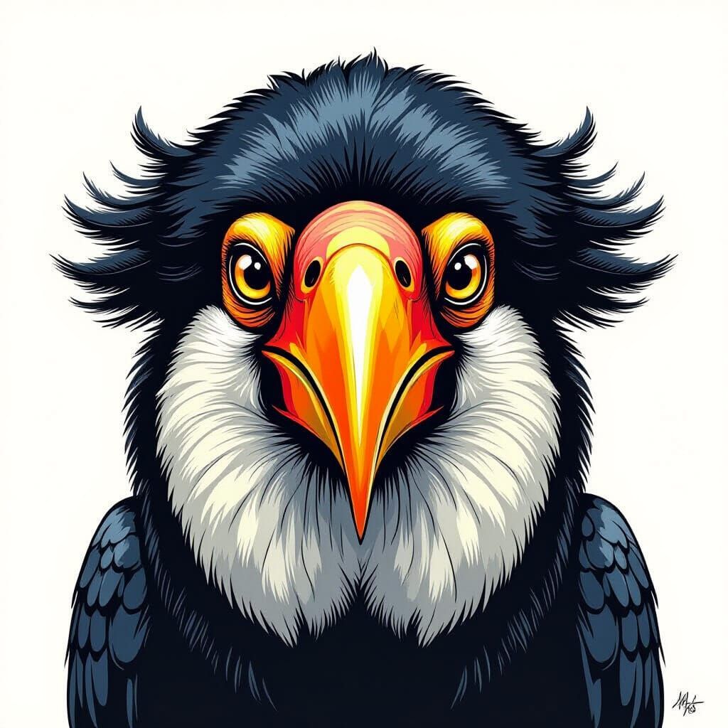 Hornbill Portrait in Detailed Hand-Drawn Style