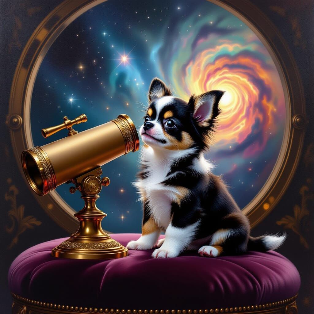 Regal Chihuahua Puppy in Star-Dusted Observatory