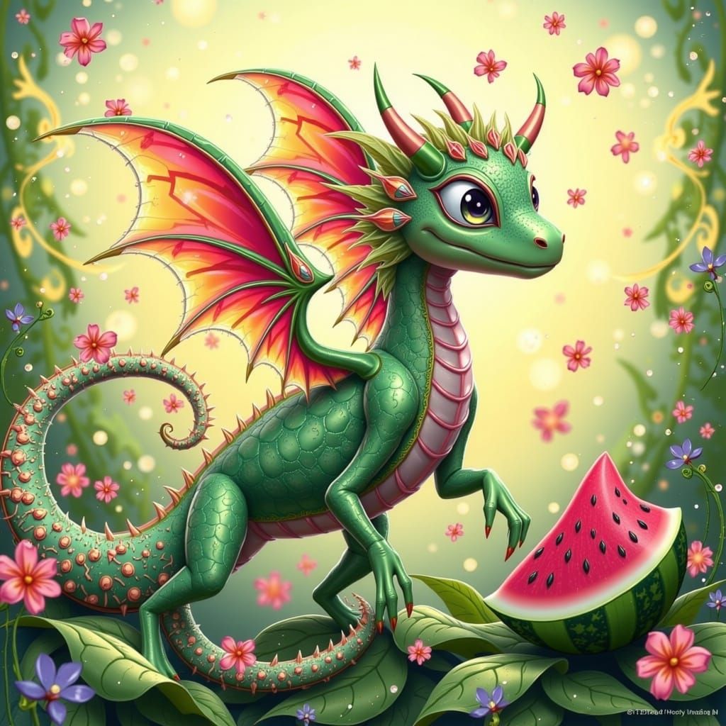 Whimsical Watermelon-Dragon Hybrid in Vibrant Colors