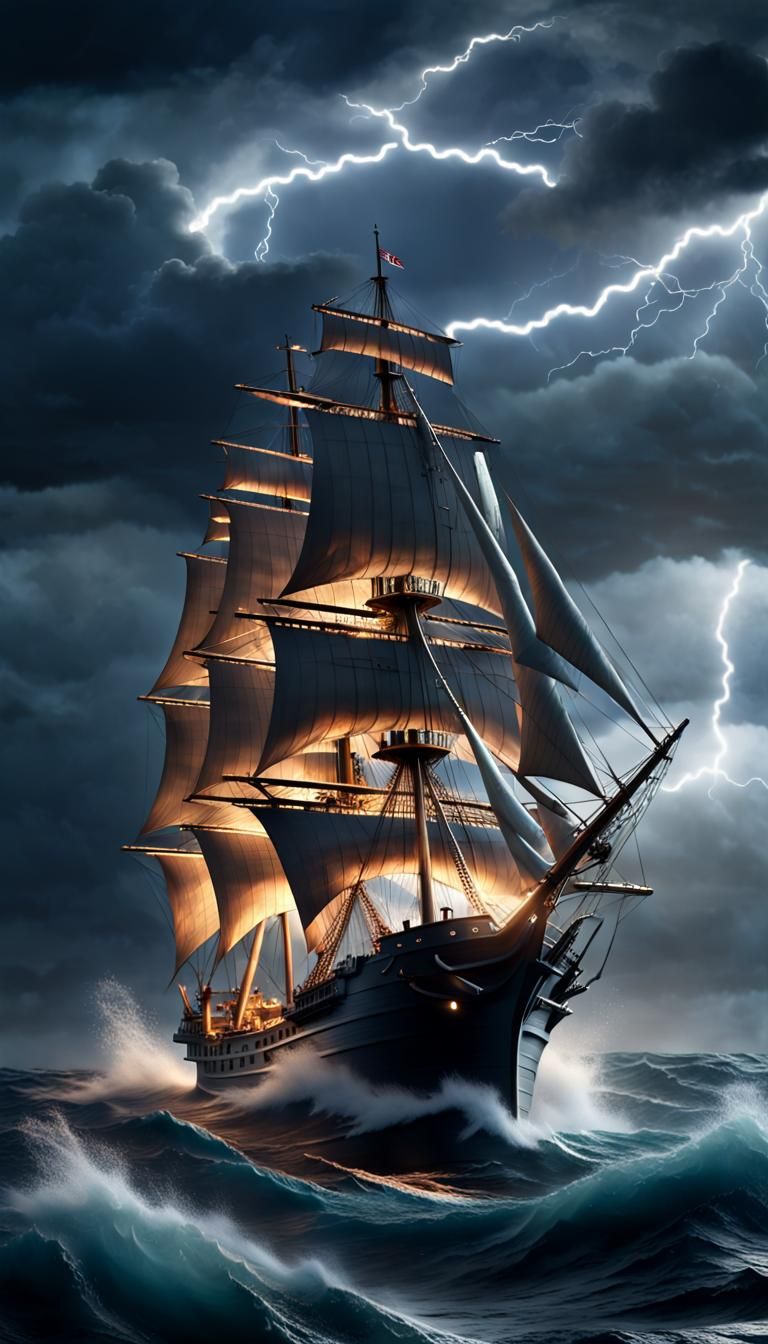 Frigate in Stormy Seas with Saint Elmo's Fire
