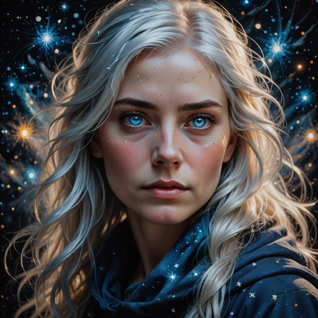 Ethereal Woman Gazing At Stars In Oil Painting