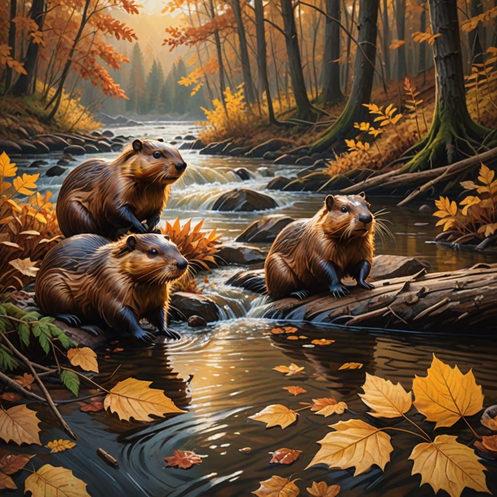 Beavers Working on Riverbank in Autumnal Oil Painting