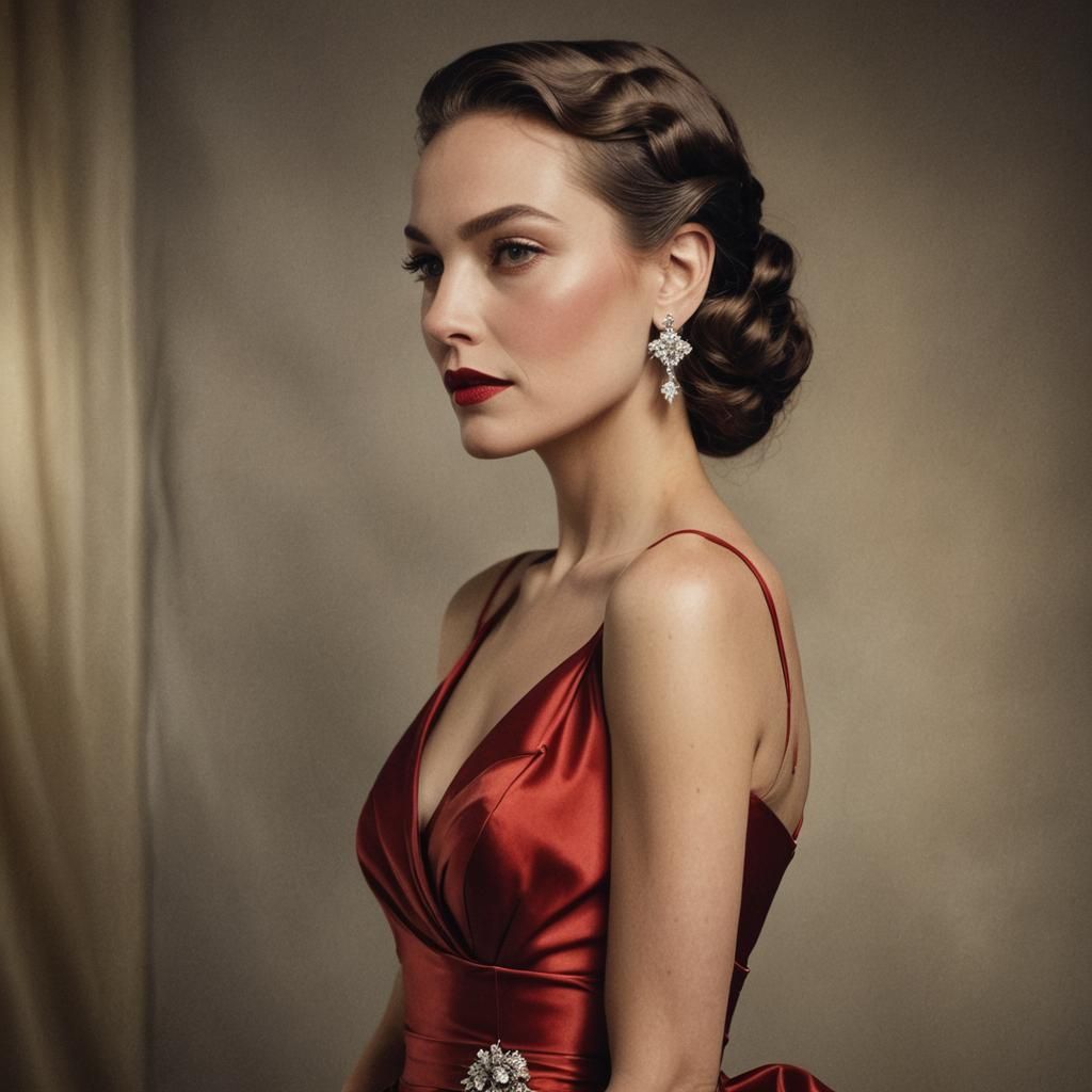 Elegant Woman in Red Gown: Hollywood Glamour Portrait