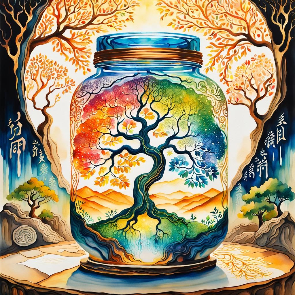 Tree of Wisdom in a Jar: Colorful Ink Flow Art