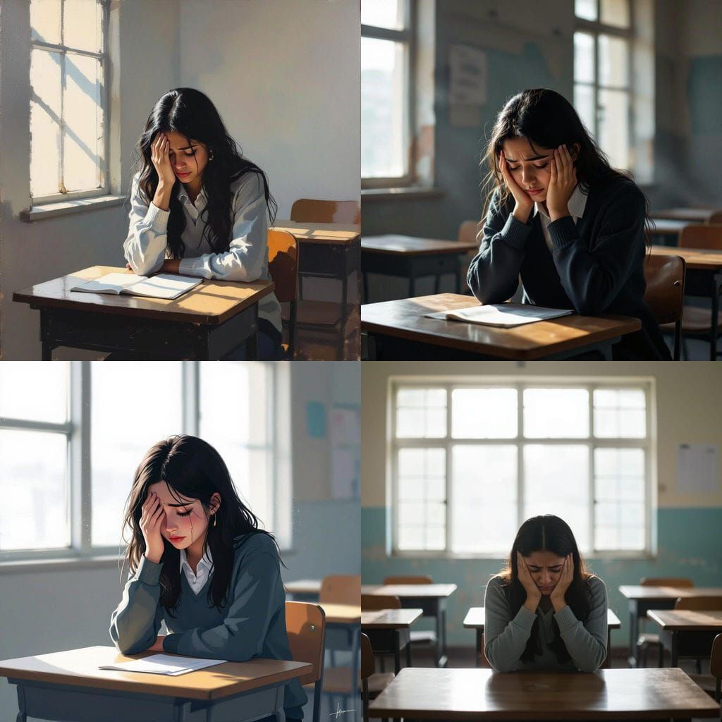 Melancholic Student Cries Alone in Empty Classroom