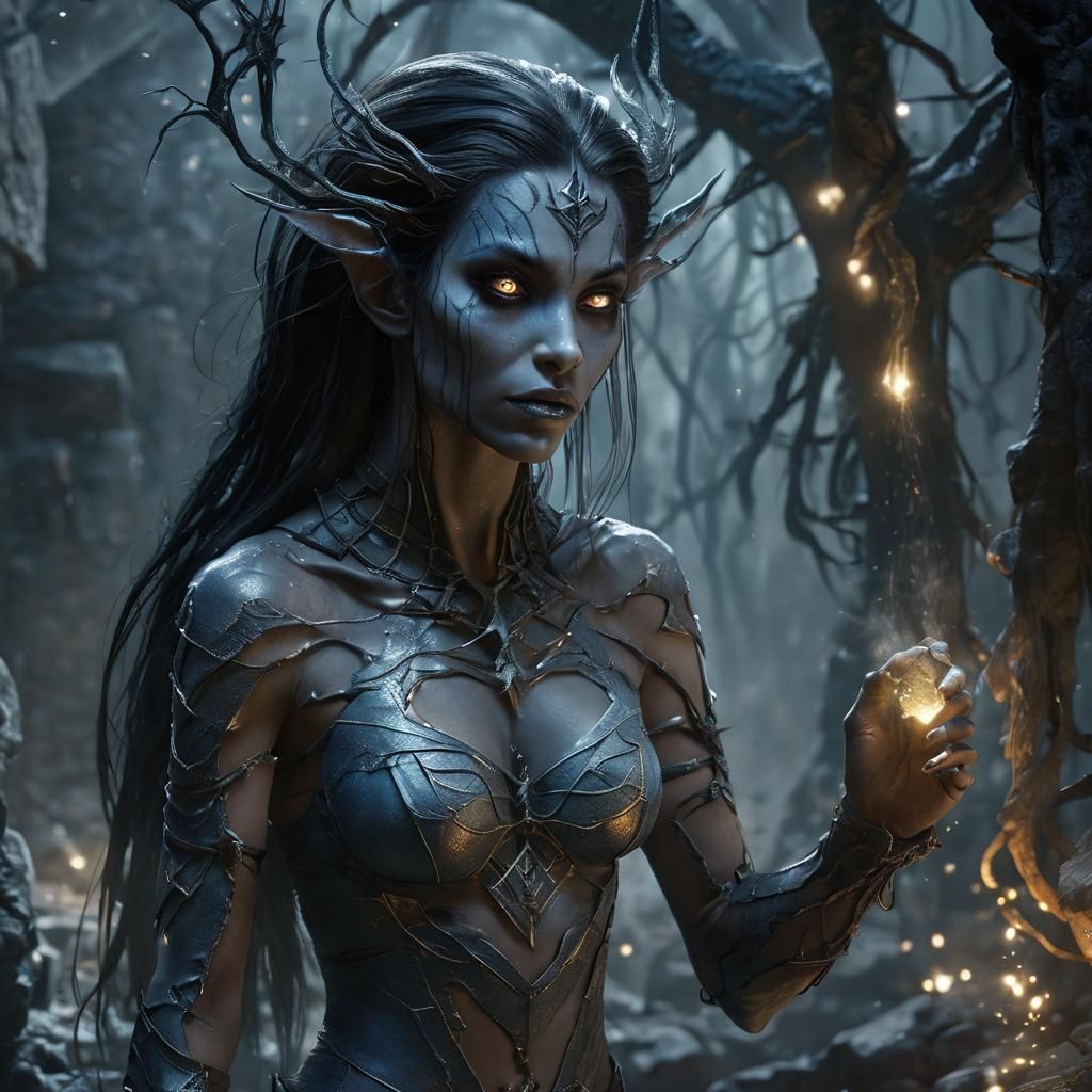 Dark Elf Wraith in Eerie Underground Lair