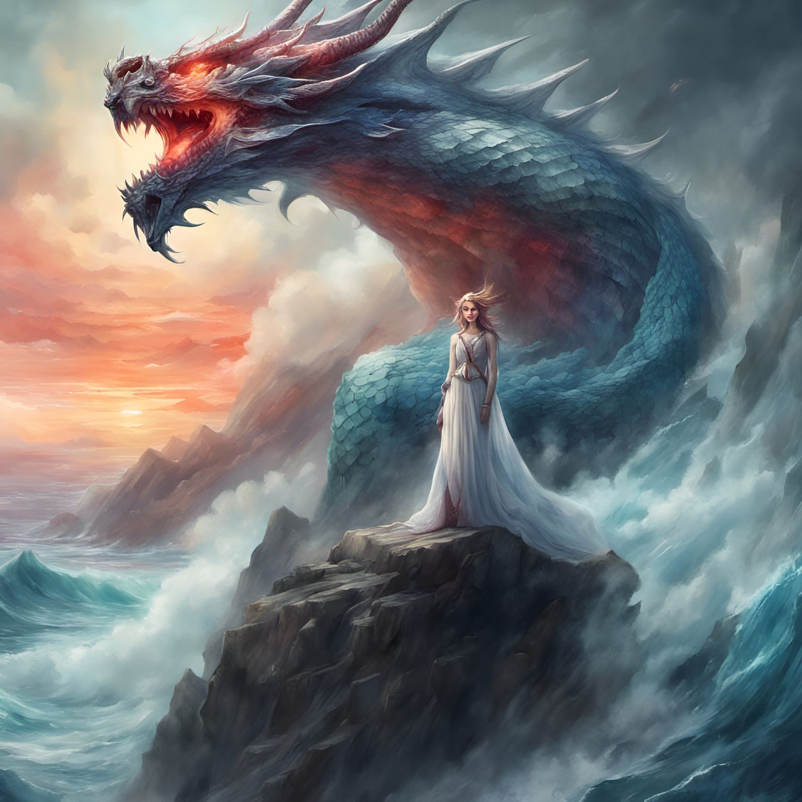 Astral Goddess Summons Dragon on Stormy Seascape