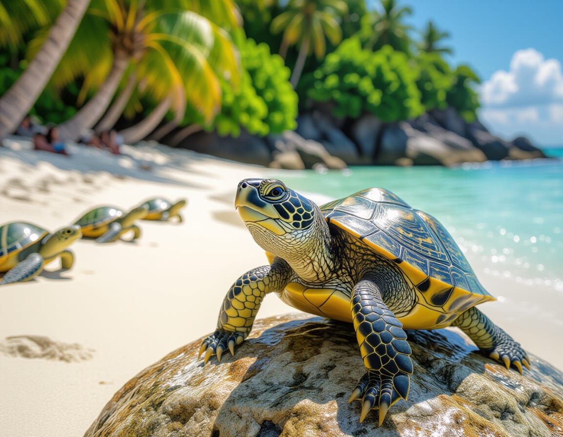 Singing Turtle on Tropical Beach, Detailed Photo